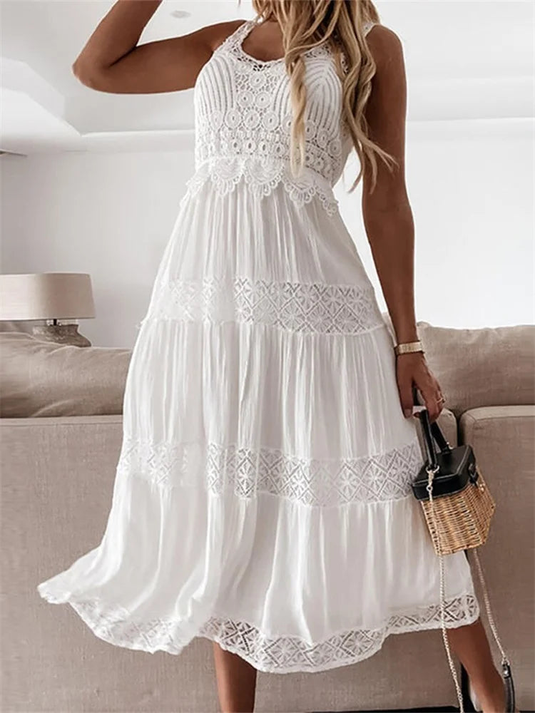 2024 Women Summer Off Shoulder  Tank Fairy Lace Sleeveless Backless Solid Ruched Flowy Beach Female Vestido