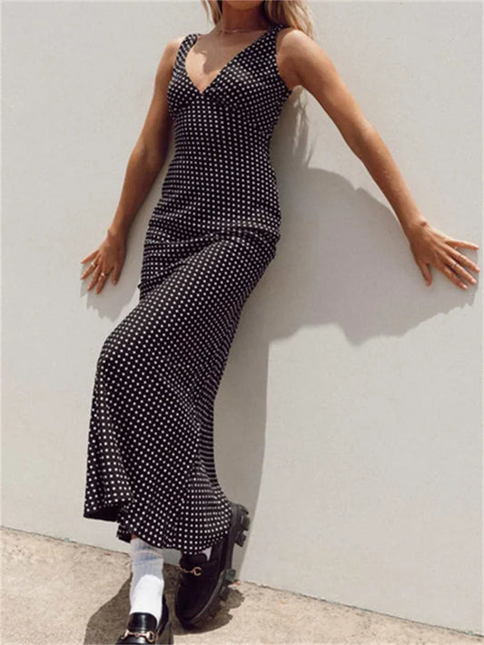 Amy Fashion - Women Summer Slim  Tank Dot Print Sleeveless Deep V-Neck Bodycon Ankle Length Female Vestidos