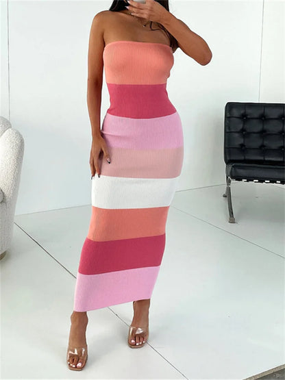 2024 Women Summer Strapless Knitted Ribbed Female Sexy  Vestidos Sleeveless Off Shoulder  Striped Outfits