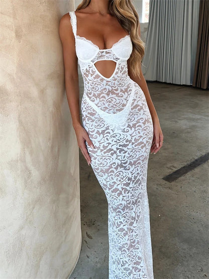 2024 Women Summer V-neck  Sleeveless Strap Backless Mesh See Through Lace Floral Hollow Out Party  New