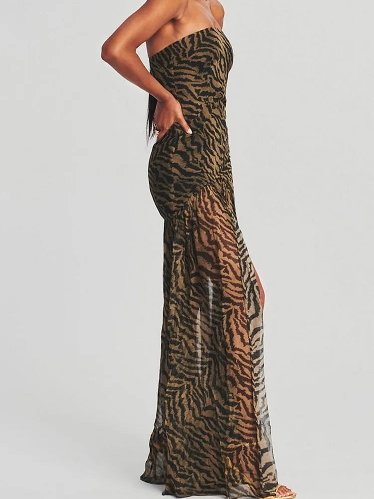 2024 Women Tube Slim Strapless Off Shoulder Mesh Patchwork Leopard Floral Print Split  Party Club Vestidos