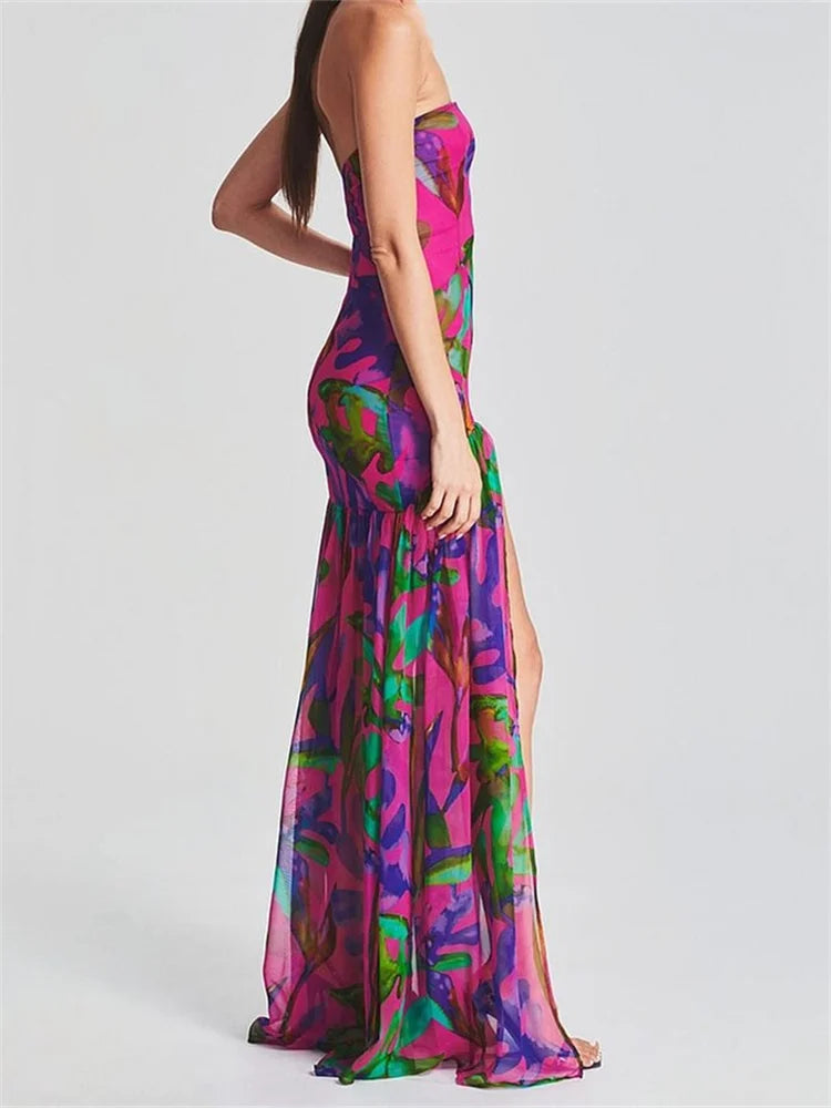 Amy Fashion - Women Tube Slim Strapless Off Shoulder Mesh Patchwork Leopard Floral Print Split  Party Club Vestidos