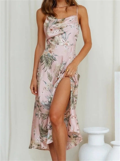 2024 Women V-neck Floral Print Sleeveless Strap Side Split   for Party Club Wedding Night Female Vestidos