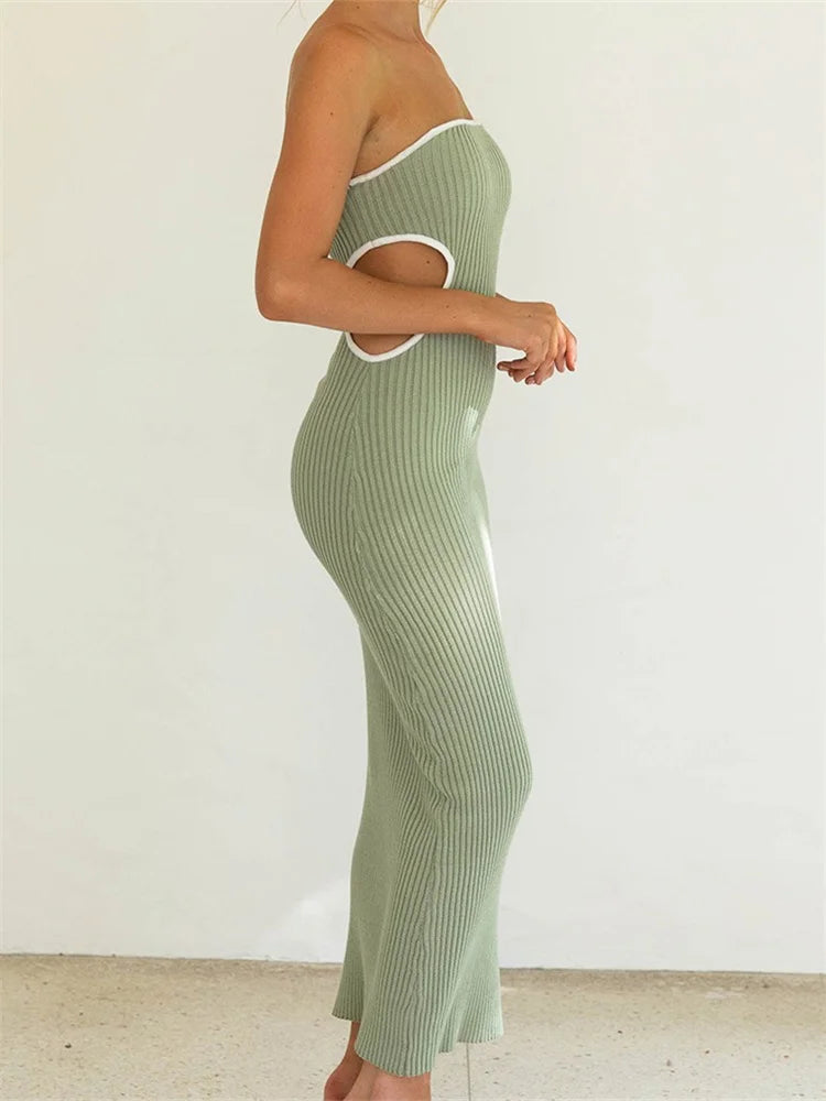 2024 Women Waist Hollow Out Tube  Strapless Off Shoulder Contrast Color Ribbed Summer Party Clubwear