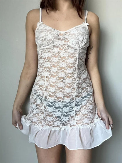 2024 Lace Floral Mesh See Through Sling Summer Mini Dress