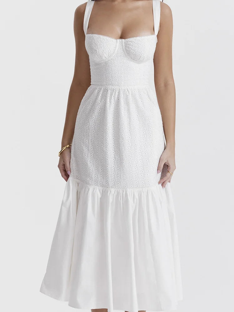 Amy Fashion - Y2K Square Neck Lace  for Women Low Cut Sleeveless Spaghetti Strap White Summer Female Vestidos