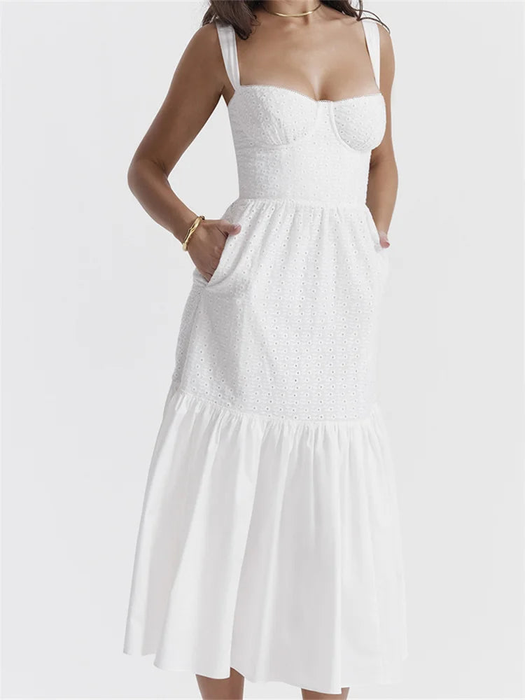 Amy Fashion - Y2K Square Neck Lace  for Women Low Cut Sleeveless Spaghetti Strap White Summer Female Vestidos
