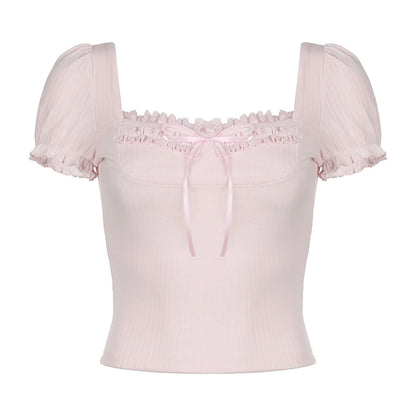 Cute Coquette Pink Kawaii Ruched Stitching Square Collar White Short Sleeve Y2k Crop Top