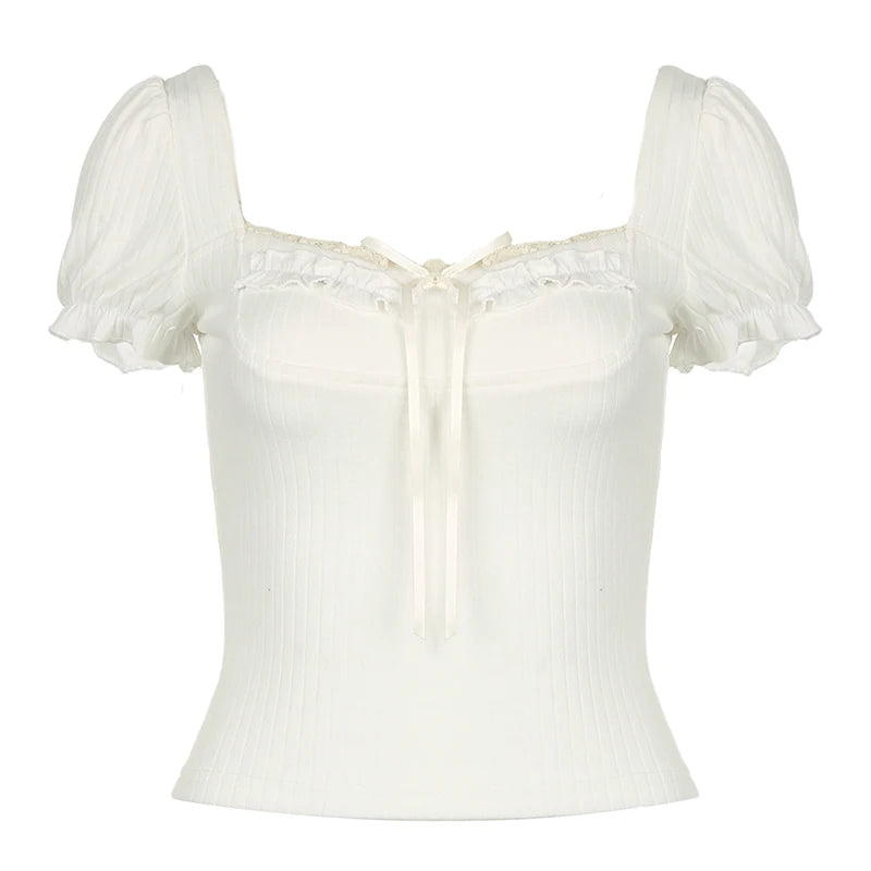 Cute Coquette Pink Kawaii Ruched Stitching Square Collar White Short Sleeve Y2k Crop Top