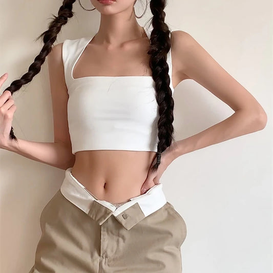 Solid Square Collar Casual Sleeveless Slim White Basic Summer Vintage Crop Top