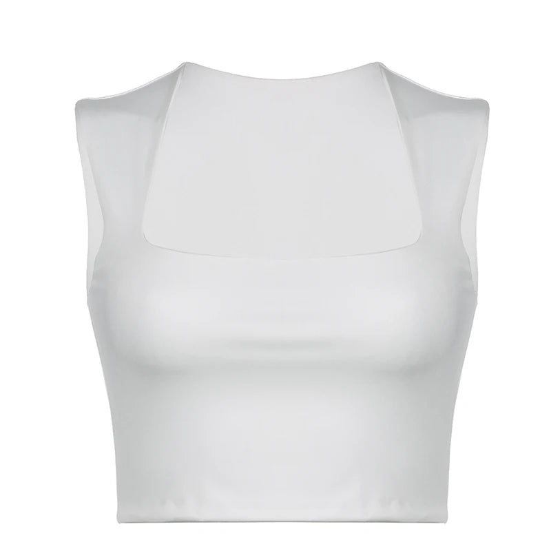 Solid Square Collar Casual Sleeveless Slim White Basic Summer Vintage Crop Top