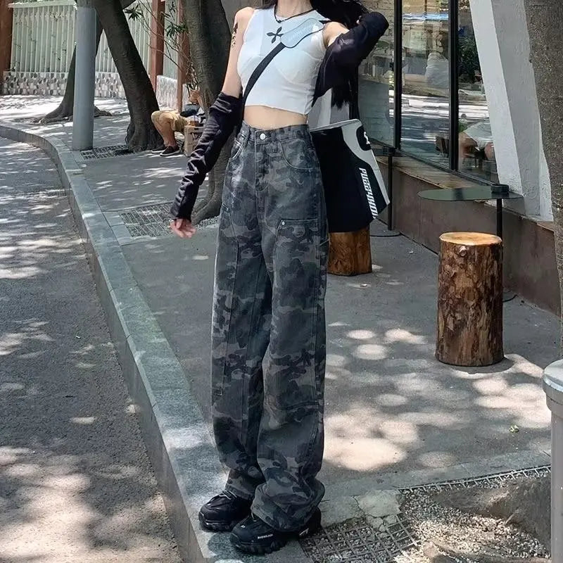 Amy Fashion - Fashion Camouflage Workwear Spicy Girl Xia Chunqiu High Waisted Wide Legged Slimming Floor Mop Pants Jean