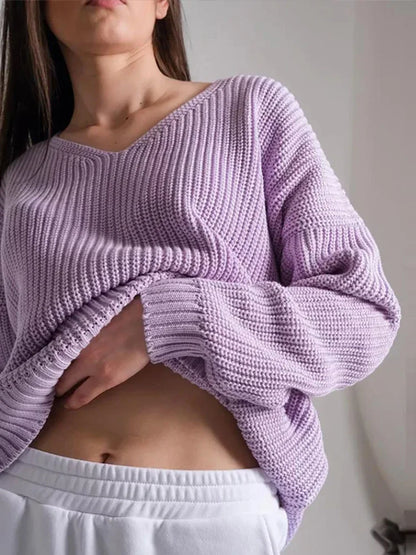 Casual Knitted Women Solid V-neck Long Sleeve Pullover 2024 Autumn Winter Soft Match All Sweater