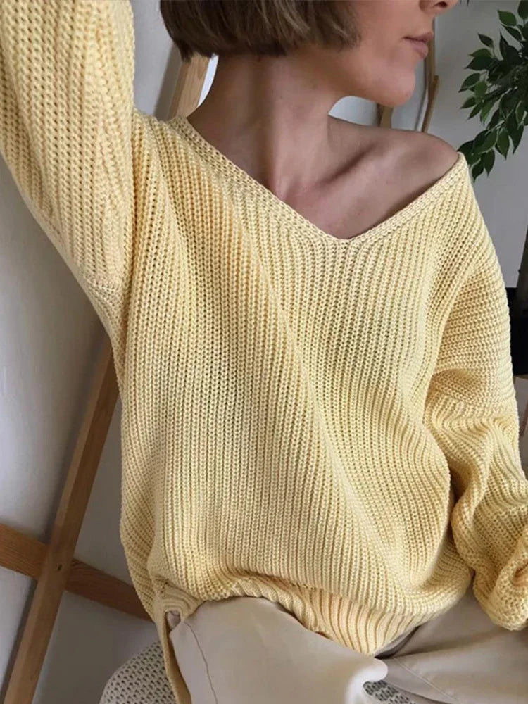 Casual Knitted Women Solid V-neck Long Sleeve Pullover 2024 Autumn Winter Soft Match All Sweater