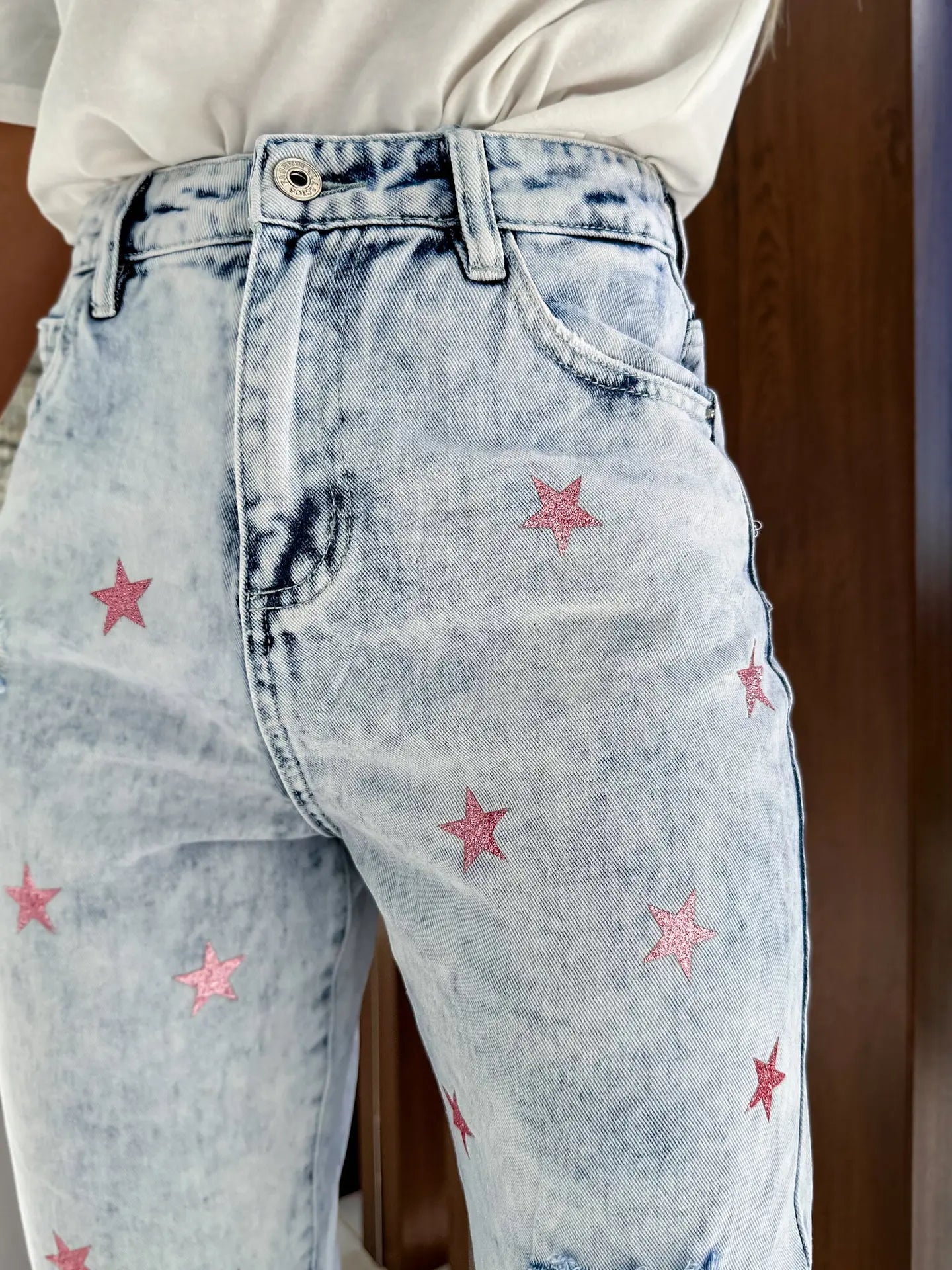 Amy Fashion - Casual Ripped Hole Women High Waist Fashion Denim 2024 Elegant Star Printed Streetwear Long Jean