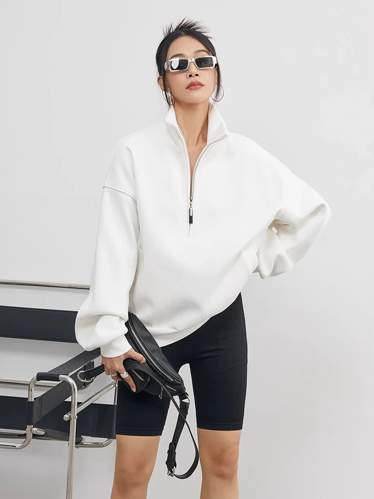 Casual Half Zip Oversized Solid Color Stand Collar Long Sleeve Hoodie