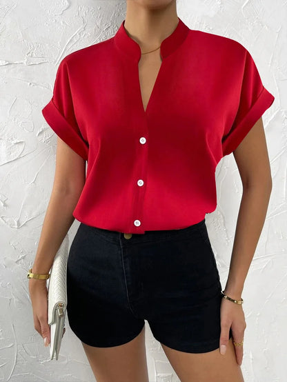 Casual Solid Office Lady Short Sleeve Slim White Blouse