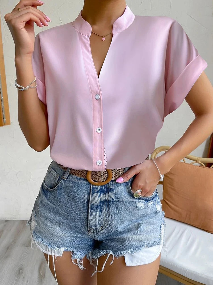 Casual Solid Office Lady Short Sleeve Slim White Blouse