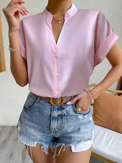 Casual Solid Office Lady Short Sleeve Slim White Blouse