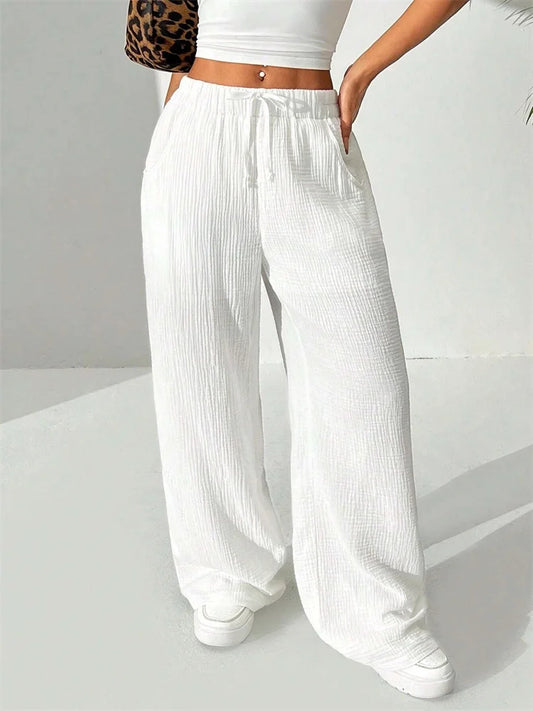 Casual Wrinkle Solid Color Long Autumn Winter Straight Drawstring Loose Trouser