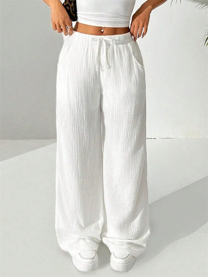 Casual Wrinkle Solid Color Long Autumn Winter Straight Drawstring Loose Trouser