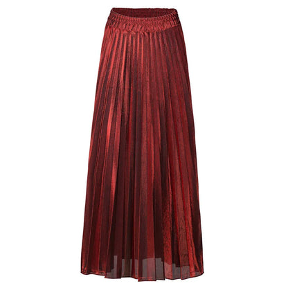 Check Pleated Maxi High Waist Large Swing Gold Long Skirt