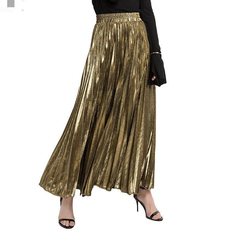 Check Pleated Maxi High Waist Large Swing Gold Long Skirt