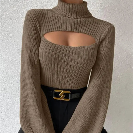 Chest Hollowed-out Sexy Loose Matching Fall Winter Turtleneck Sweater