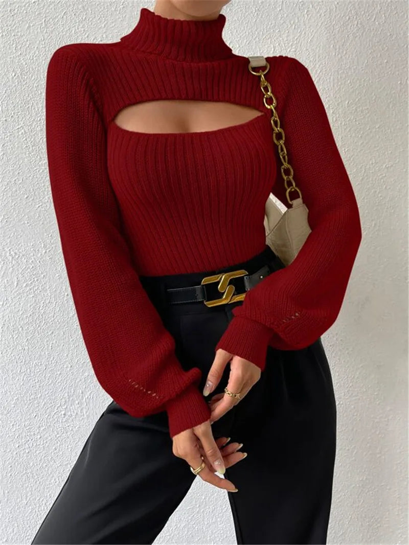 Chest Hollowed-out Sexy Loose Matching Fall Winter Turtleneck Sweater