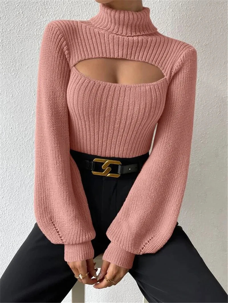 Chest Hollowed-out Sexy Loose Matching Fall Winter Turtleneck Sweater