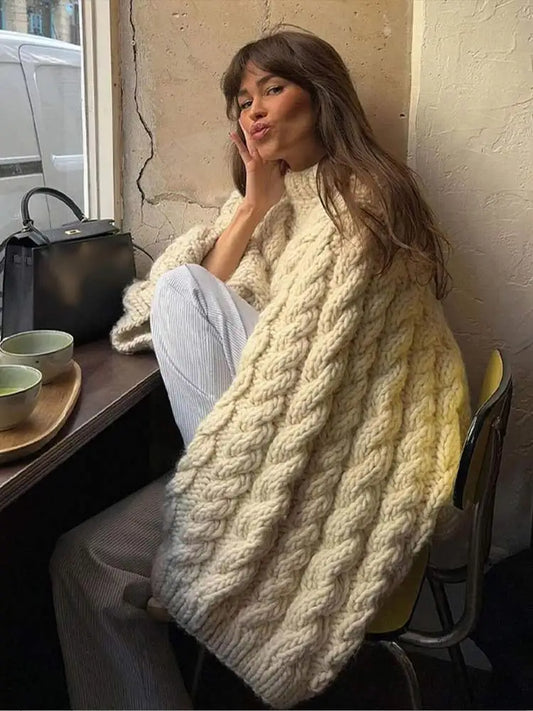 Elegant Women's Fried Dough Twists Casual Fashion Long Wide Sleeved Sweater