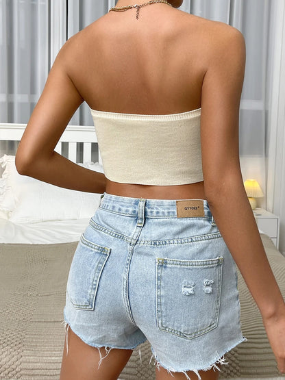 Chic Sexy Knitting Strapless Backless Hem Summer Slim Solid Crop Top