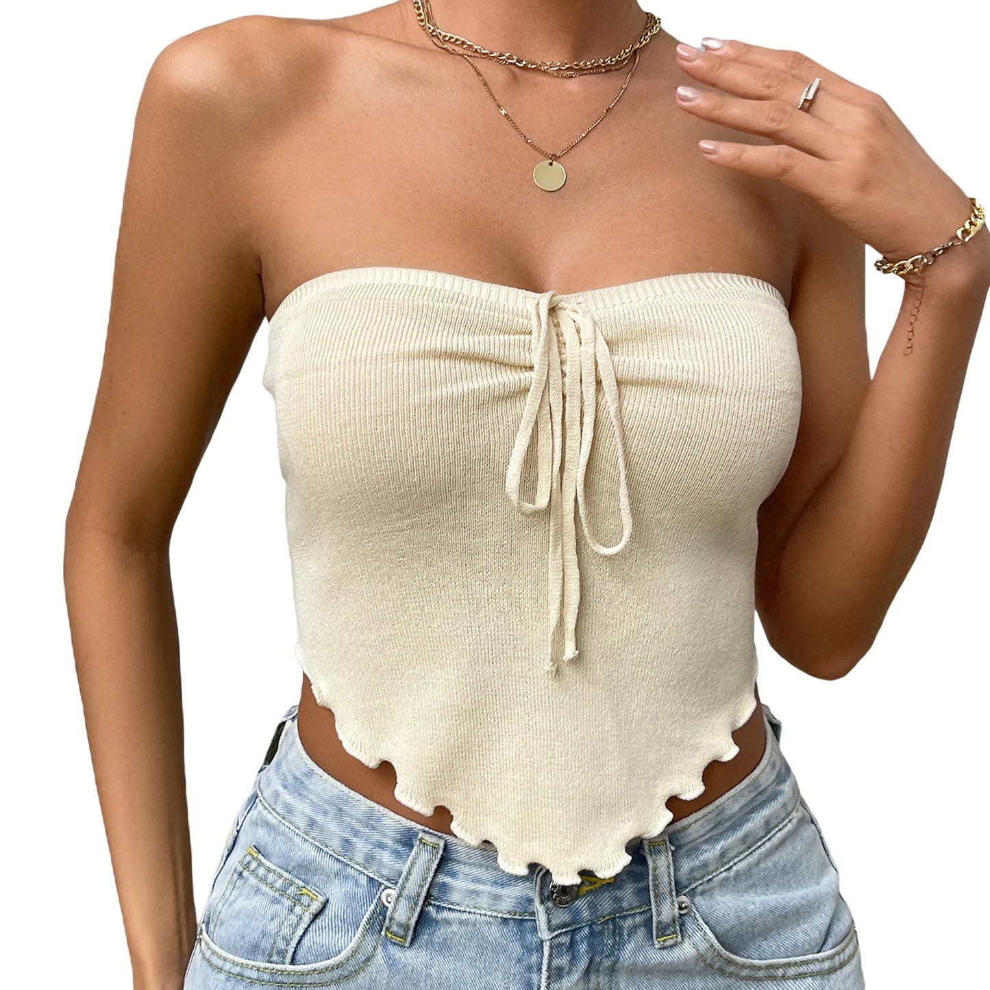 Chic Sexy Knitting Strapless Backless Hem Summer Slim Solid Crop Top