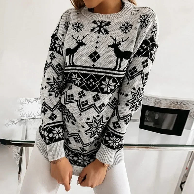 Deer Print Casual Loose Long Sleeve O Neck Christmas Sweater