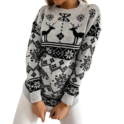 Deer Print Casual Loose Long Sleeve O Neck Christmas Sweater