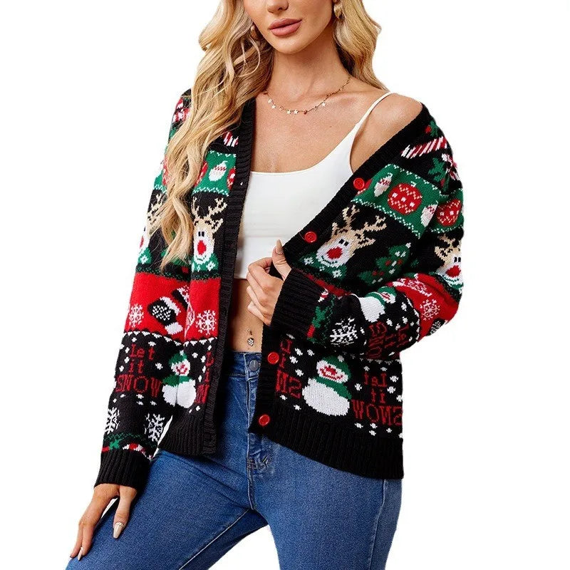 Cartoon Deer Snowman Christmas Cardigan Cardigan-241208