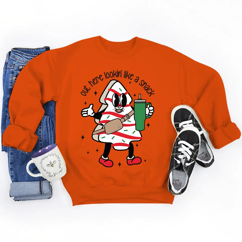 Snack Print Round Neck Christmas Hoodie - Casual Long Sleeve