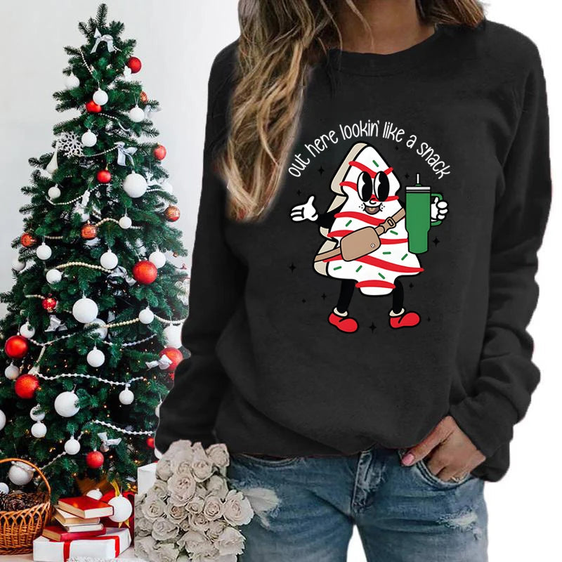 Snack Print Round Neck Christmas Hoodie - Casual Long Sleeve