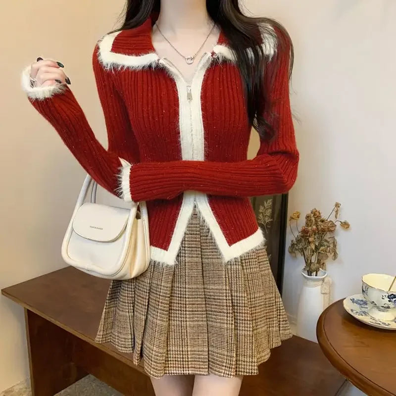 Plush Knitted Slim-Fit Zipper Cardigan Red / S Cardigan-241208