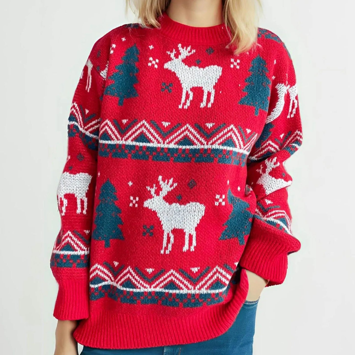 Red Winter Style Knitted Pullover Christmas Sweater