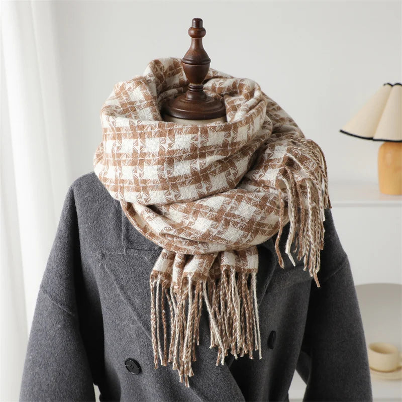 Pashmina Tassel Plaid Cashmere-Like Warm Shawl Scarf