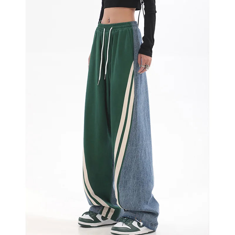 Amy Fashion - Contrast Color Women High Waist Straight Cropped High Street Drawstring Tie Up Sweatpants Cylinder Lady Wide Leg Jean