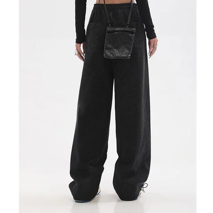 Amy Fashion - Contrast Color Women High Waist Straight Cropped High Street Drawstring Tie Up Sweatpants Cylinder Lady Wide Leg Jean