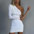 Amy Fashion - One Shoulder Ruched Long Sleeve Backless Mini Dress