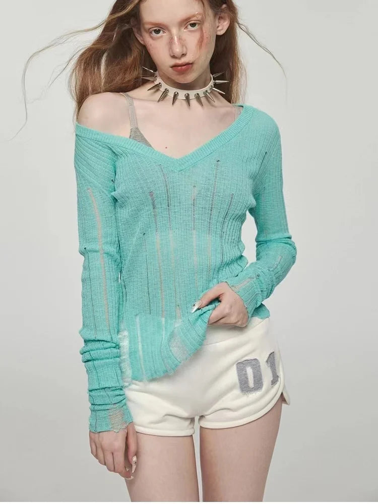 Y2K Women Knit Hollow Out V Neck Pullovers See Through Stylish Harajuku Korean Fashion Autumn Gyaru Sweater