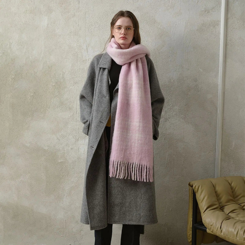 Korean Premium 30% Wool Red Plaid Tassels Mohair Warm Scarf Pink White Scarfs-L