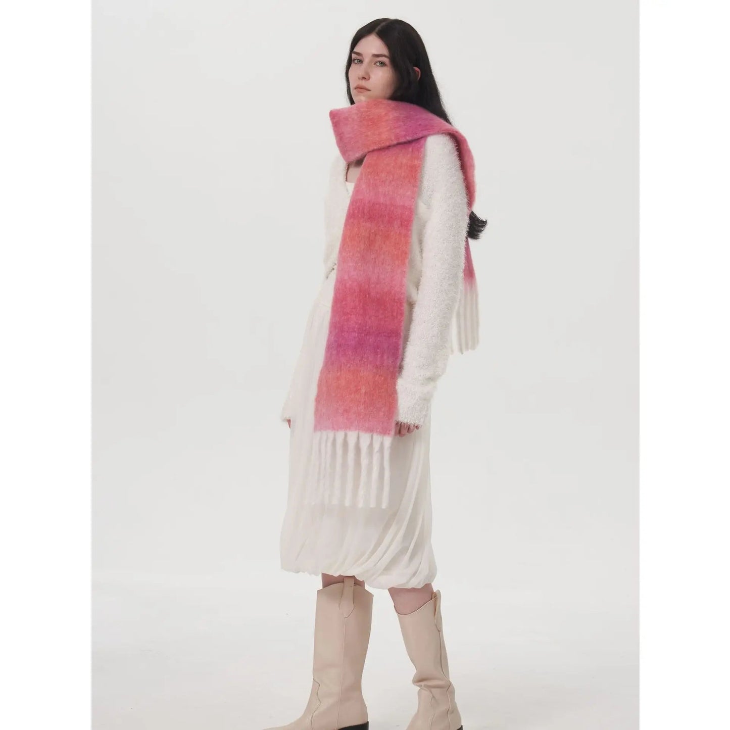 Light Luxury Gradient Color Wool Striped Fringed Mohair Scarf