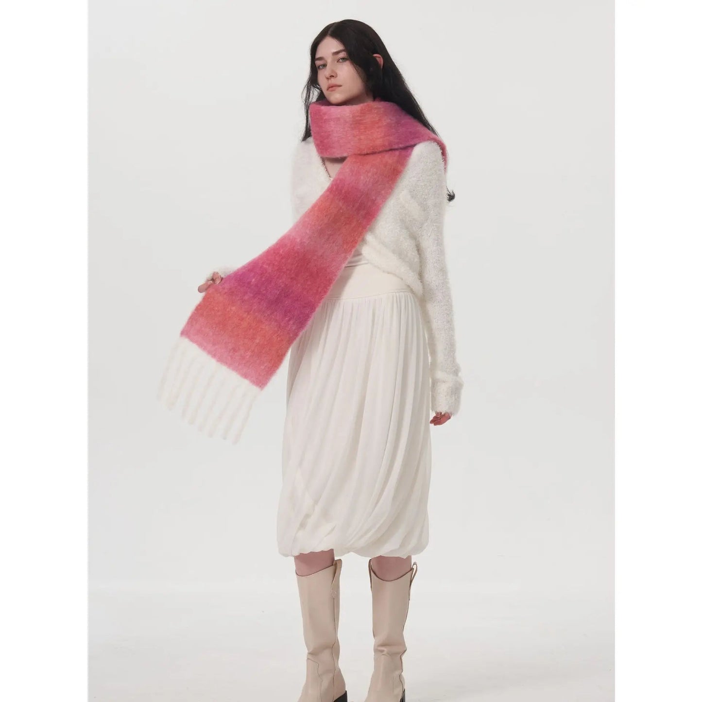 Light Luxury Gradient Color Wool Striped Fringed Mohair Scarf