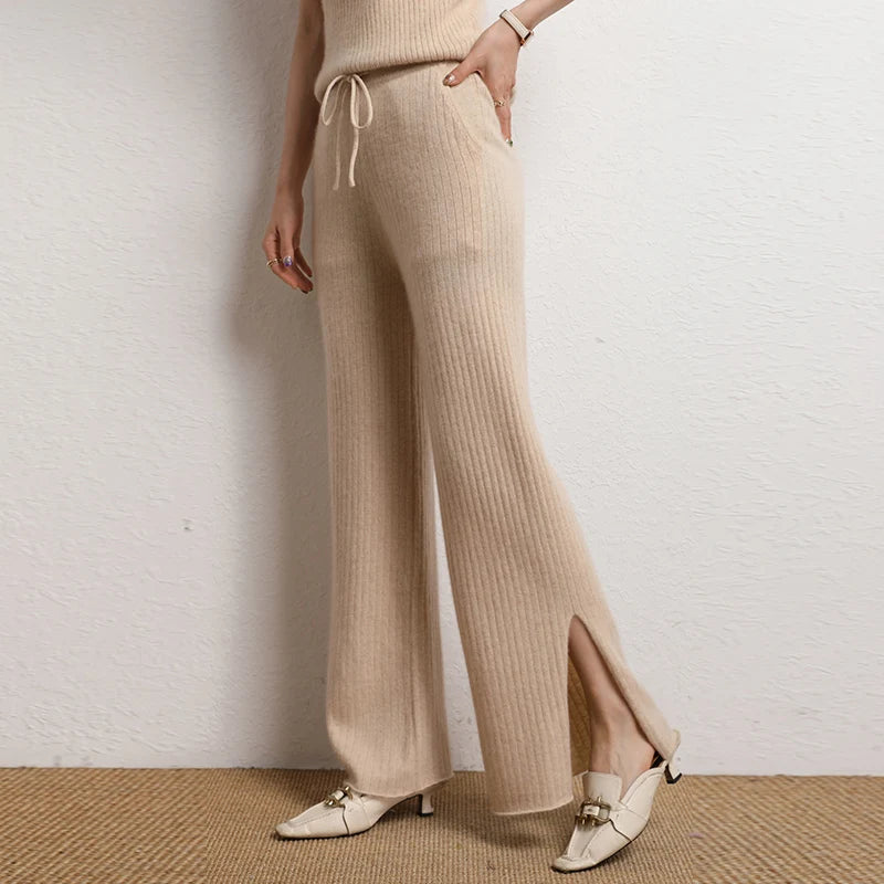 Cashmere Side Slit Wide Leg Warm High-Quality Pants