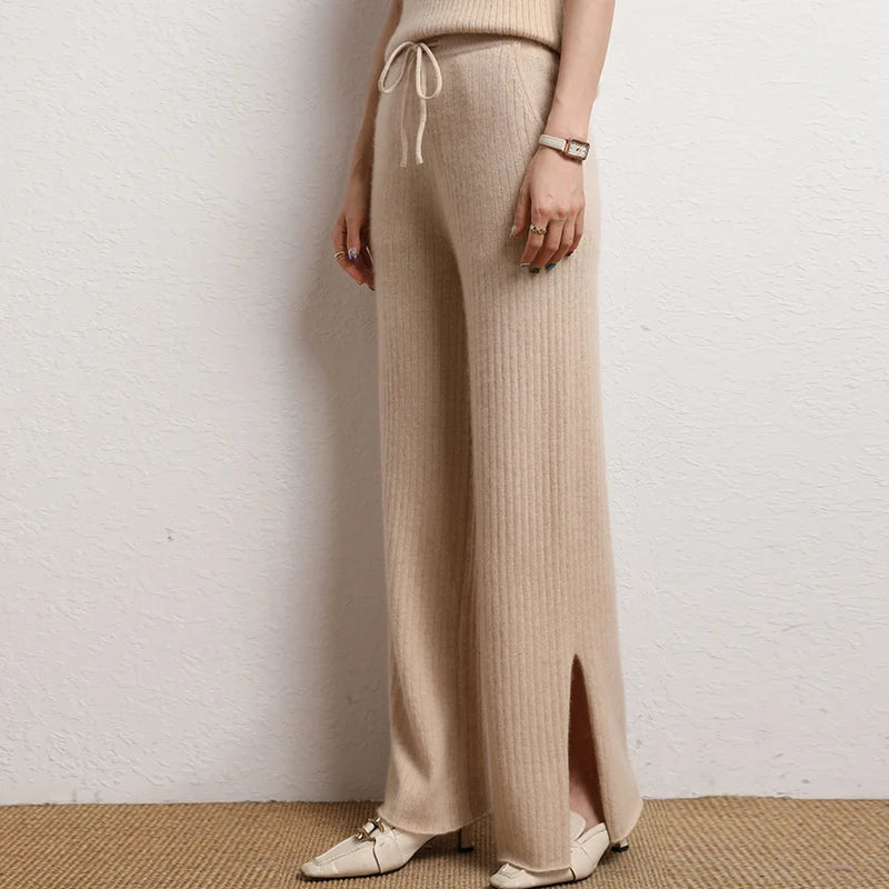 Cashmere Side Slit Wide Leg Warm High-Quality Pants